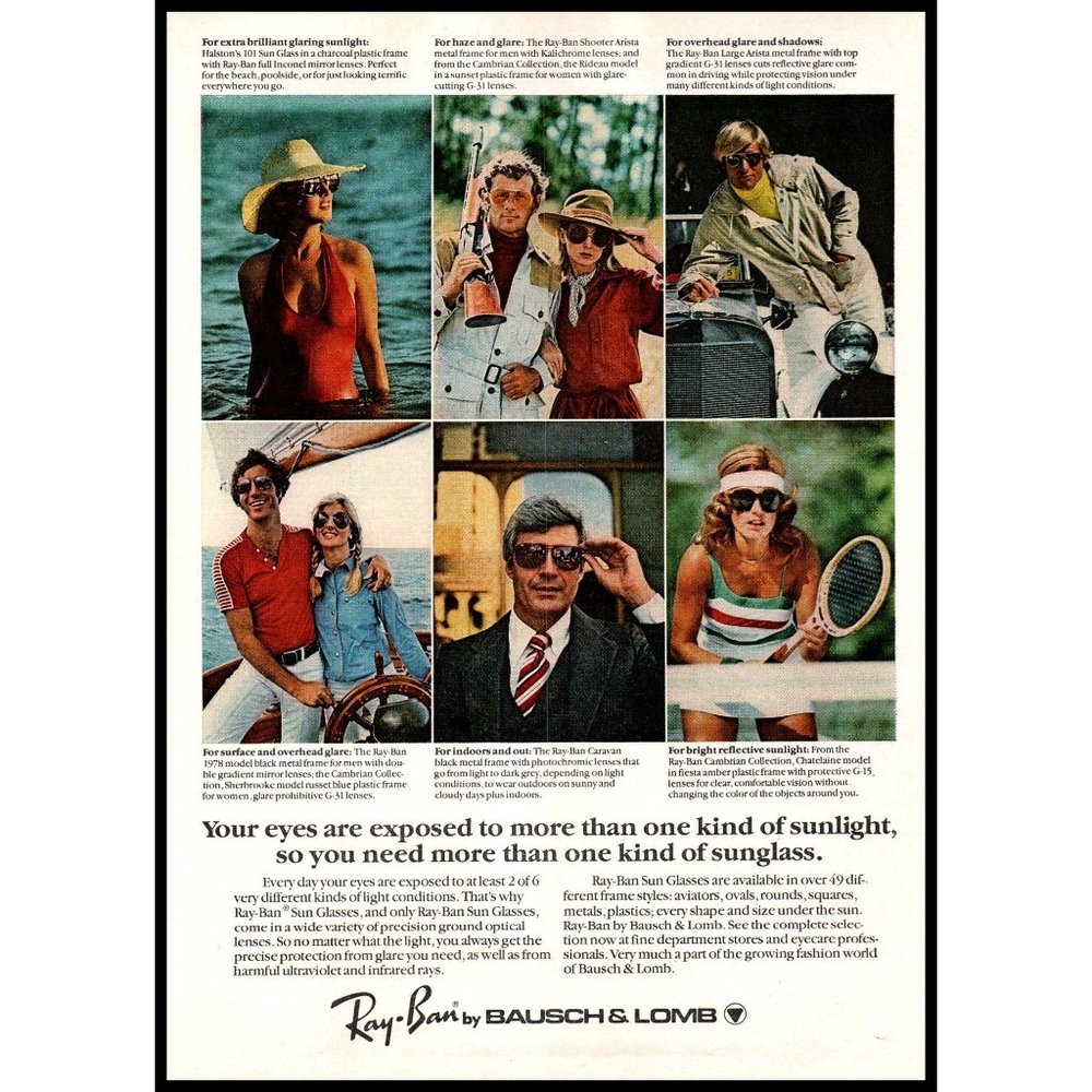 1978 Ray-Ban Rayban Sunglasses Vintage Print Ad Sports Sailing Driving Wall Art